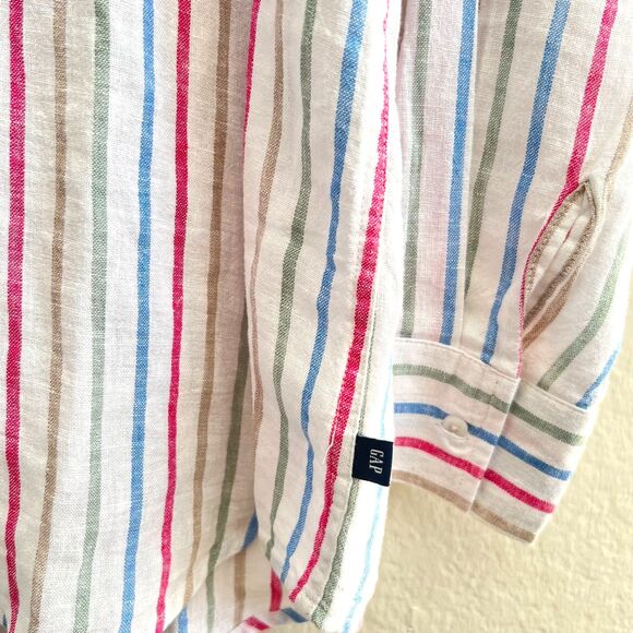 GAP White Colored Striped Long Sleeve Linen Blend Button Down Shirt Women Medium - Picture 8 of 9